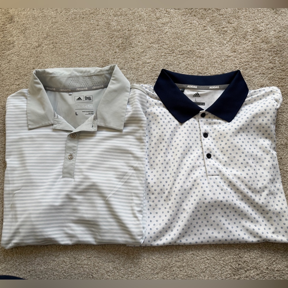 Adidas men’s Gray and White short sleeve Polos
